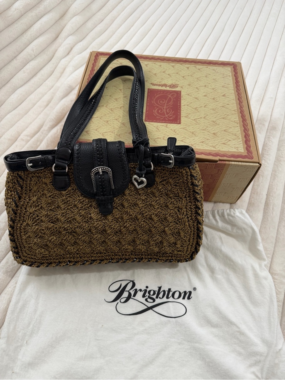 Brighton dark green Woven Shoulder Bag with Black Leather Trim